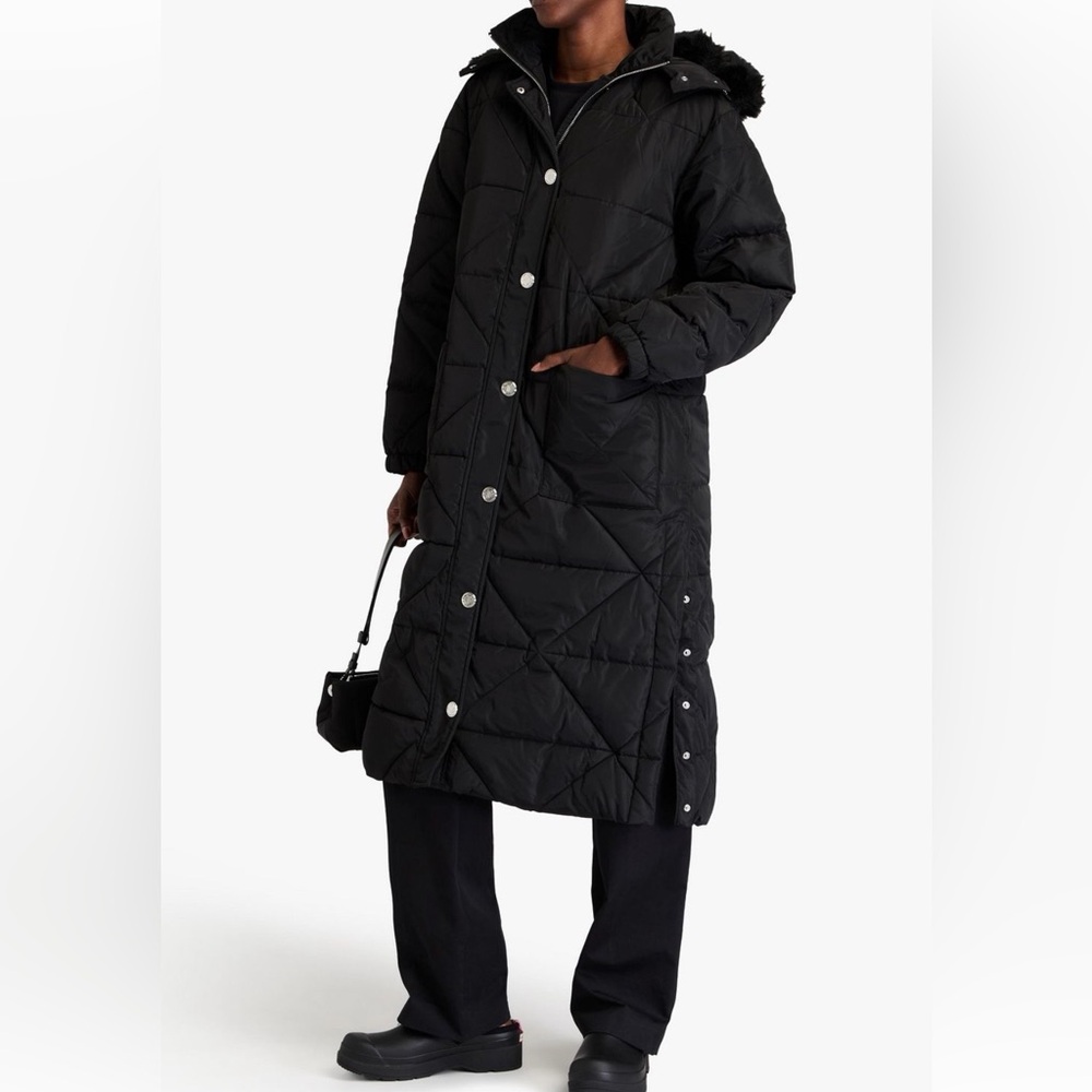 MAJE Long Black Quilted Coat Shell Hooded Coat Size 0